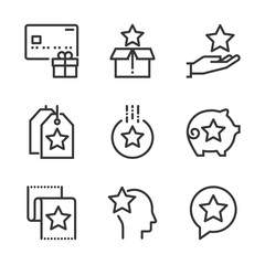Bonus related bold line icon set. The set is about exchange, currency, feedback, award, customer, gift, bonus, coupon, vector, editable stroke, line, outline.