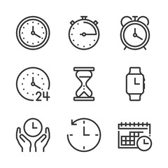 Fototapeta premium Time related bold line icon set. The set is about clock, deadline, calendar, business, management, date, 24 hours, achievement, vector, editable stroke, line, outline.