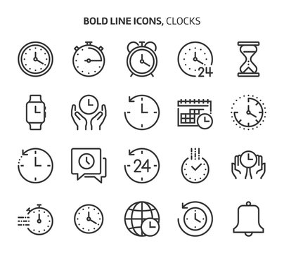 Time related bold line icon set. The set is about clock, deadline, calendar, business, management, date, 24 hours, achievement, vector, editable stroke, line, outline.
