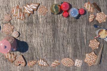 gingerbread cookies with Christmas decorations.   Merry Christmas background 3d render