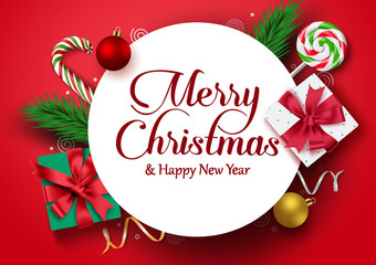 Christmas greeting in white frame vector banner background. Merry christmas typography with colorful xmas element of gift, candy cane, ball, and pine leaves with empty space for text and messages.