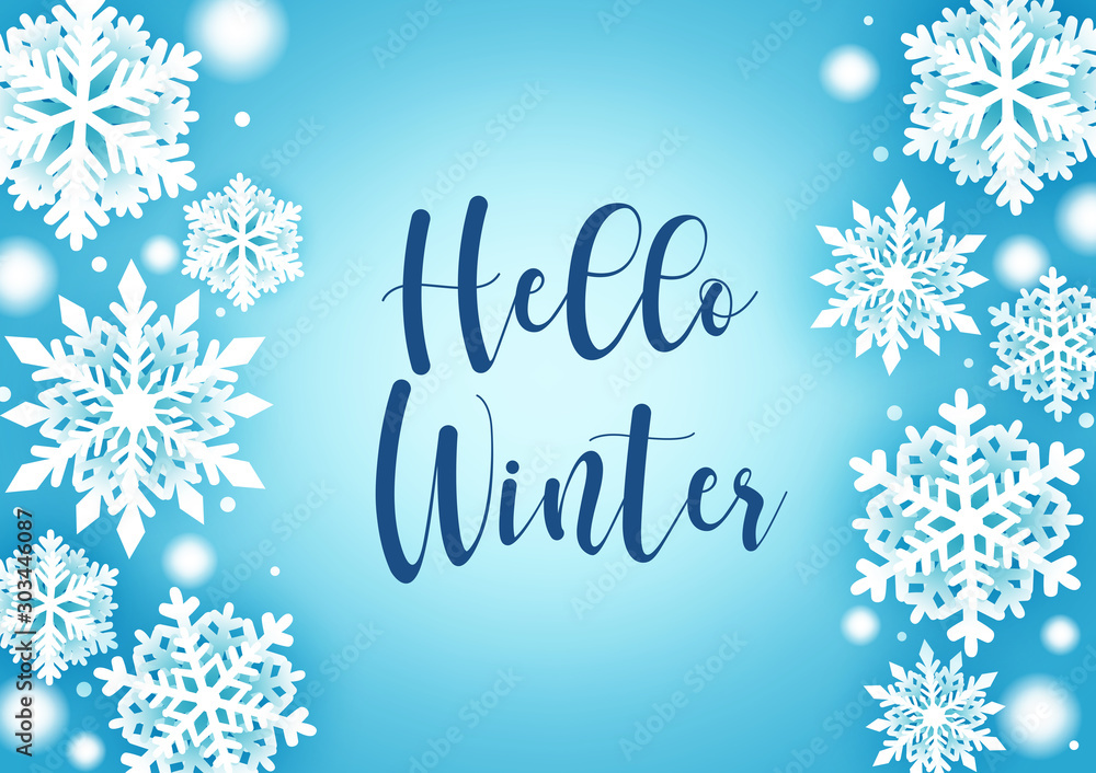 Aufkleber hello winter greeting card with snowflake vector background. winter greeting text with snow and snow