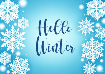 Hello winter greeting card with snowflake vector background. Winter greeting text with snow and snowflakes falling elements in cold blue background. Vector illustration.