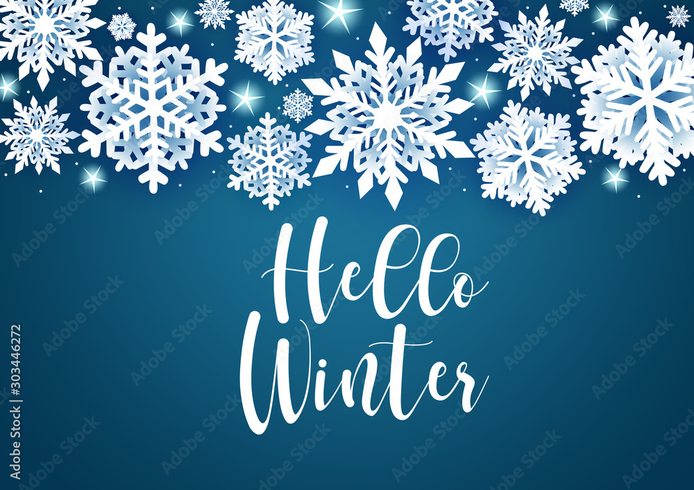 Aufkleber winter greeting vector background. hello winter text with paper cut snowflakes and star elements and