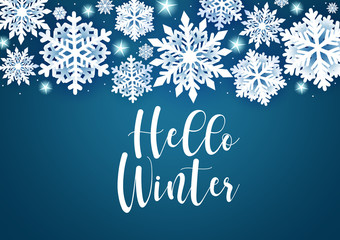 Obraz na płótnie Canvas Winter greeting vector background. Hello winter text with paper cut snowflakes and star elements and empty space for messages in blue background. Vector illustration. 