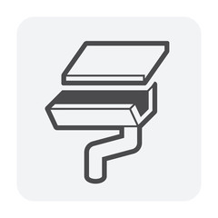 Fascia style gutter vector icon. Also call rain gutter or eavestrough. Include downpipe or downspout and pipeline for water discharge, drainage system to protect building from rainwater flow off roof.