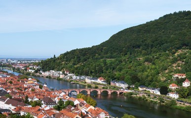 Fototapeta premium View of German City, Heidelberg, with river, old town, bridge, castle. 
