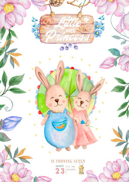 Watercolor isolated cute watercolor Bunny family clipart. Nursery rabbit illustration. Baby poster. Trendy pink cartoon animal. Birthday invite card, Dreamer style, Celebration postcard