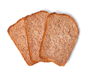 three slices of bran bread on an isolated white background