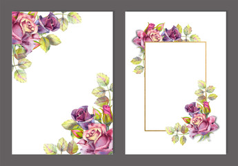 Set of frames with floral watercolor illustrations. Dark roses on white isolated background. Bright flowers, leaves, for wedding stationery, greetings, Wallpaper, fashion, background, texture