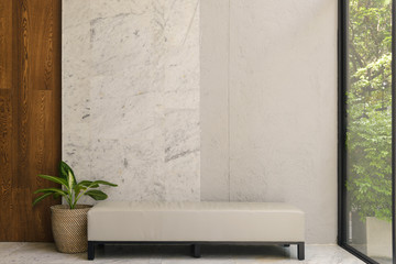 leather bench ottoman with green plant in pot beside. Modern living room interior design