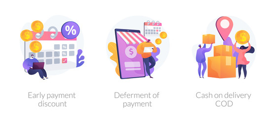 Customer loyalty flat icons set. Order cashback, e commerce service. Early payment discount, deferment of payment, cash on delivery cod metaphors. Vector isolated concept metaphor illustrations.