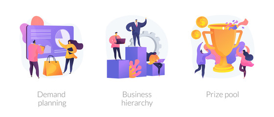 Business development and improvement flat icons set. Start up launching strategy. Demand planning, business hierarchy, prize pool metaphors. Vector isolated concept metaphor illustrations.