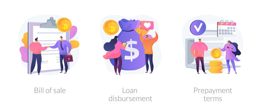 Financial Agreement Signing Flat Icons Set. Legal Document, Business Papers. Bill Of Sale, Loan Disbursement, Prepayment Terms Metaphors. Vector Isolated Concept Metaphor Illustrations.