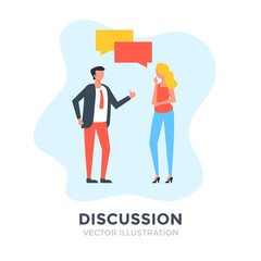 Discussion. Flat design. Chatting, conversation, dialog, business communication concepts. Business people and speech bubbles. Vector illustration