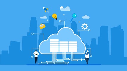 Website or landing page of Cloud computing. Data in database on cloud services with Tiny People Character Concept Vector Illustration, Suitable For web landing page,Wallpaper, Background,