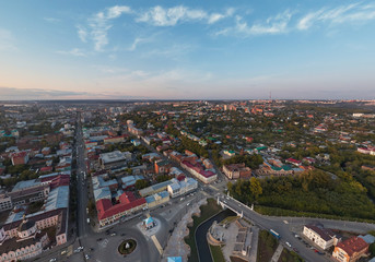 Aerial view of Tomsk city. Rosa Luxemburg Street, Lenin Avenue. Russia. Summer, evening, sunset