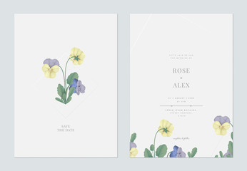 Minimalist floral wedding invitation card template design, pansies with green leaves on grey