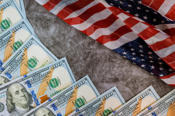 Fototapeta na wymiar American flag and banknotes 100 USA dollar bill