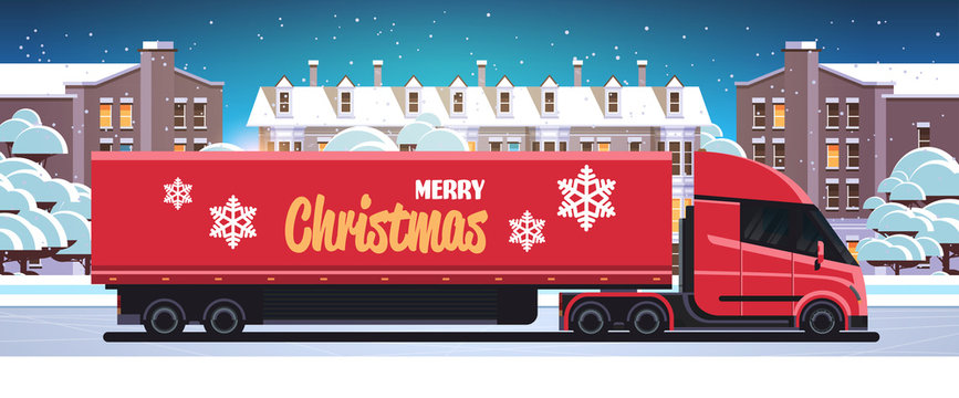 delivery semi truck driving city street shipping transport for merry christmas happy new year winter holidays celebration concept horizontal snowy cityscape background flat vector illustration