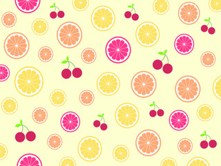 Cute tropical mix fruits (Orange ,Lemon ,Lime ,Grapefruit and Cherry) pattern on yellow background.Memphis style.Design for backdrop ,Wallpaper.Summer concept.Vector.illustration.  
