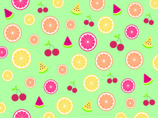 Seamless cute tropical mix fruits (Watermelon ,Orange ,Lemon ,Lime and cherry) pattern on green mint background.Memphis style.Design for backdrop ,wallpaper.Summer concept.Vector.illustration.