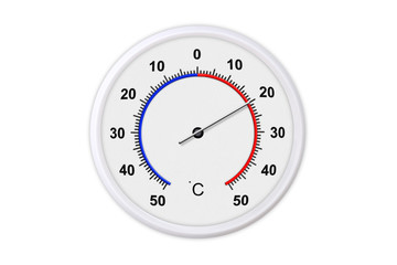 Celsius scale thermometer for measuring weather temperature.  Thermometer isolated on white background. Ambient temperature plus 20 degrees