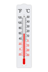 Fahrenheit and celsius scale meteorology thermometer for measuring air temperature. Thermometer isolated on white background. Air temperature plus 62 degrees fahrenheit