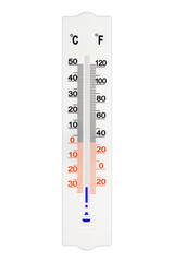 Meteorology thermometer isolated on white background. Air temperature minus 30 degrees celsius