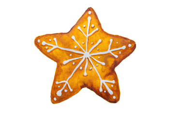 Hand drawn watercolor drawing of Christmas gingerbread snowflake star on white background, isolated 