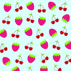 Cute berry fruits (Strawberry ,Acerola cherry) simple shape isolated on blue pastel background.Design for print screen backdrop ,Fabric and tile pattern wallpaper.Cartoon fruit. 