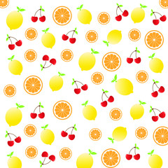 Fruit pattern.Cute fresh mix fruits (Lemon ,Orange slice ,Cherry) isolated on white background.Design for print screen backdrop ,Fabric and tile wallpaper.Cartoon fruits.Summer concept.Vector.