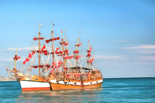 Digital painting. Drawing watercolor. Seascape, sea, pleasure ships. Sailing yachts in the sea.
