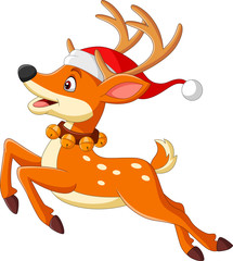Cartoon deer in a santa hat jumping
