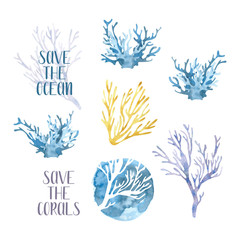 Watercolor set with glowing coral sea reef. Trend colors of climate change. Hand drawn illustration. Perfect for wrapping paper, printable, textile, sticker