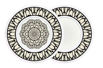 Matching decorative plates for interior designwith floral art deco pattern. Empty dish, porcelain plate mock up design. Vector illustration. White, grey color