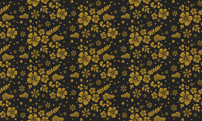 Seamless gold floral pattern with black background.