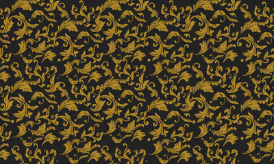 Seamless gold floral pattern with black background.