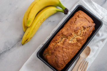 Healthy home made banana bread or cake for breakfast on a table