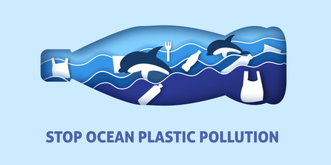Ocean plastic pollution in paper cut and craft style. 