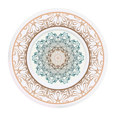 Set of 2 matching decorative plates for interior design. Empty dish, porcelain plate mock up design. Vector illustration. Decorative plates with Mandala ornament patterns. Home decor background.