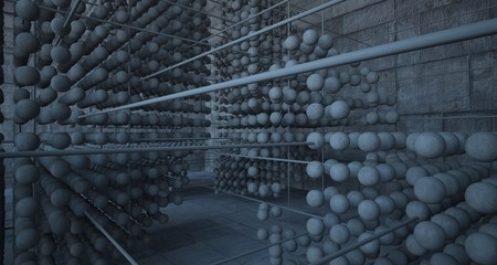 Abstract architectural concrete  interior  from an array of spheres with large windows. 3D illustration and rendering.