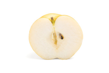 Golden Chinese pear that is cut in half on white background with clipping path.