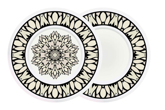 Matching decorative plates for interior designwith floral art deco pattern. Empty dish, porcelain plate mock up design. Vector illustration. White, grey color