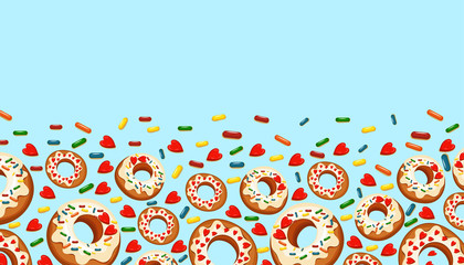 Donuts Background image. on a blue background donuts and desserts decoration elements. Place for text. Decor element. Vector illustration.