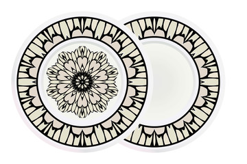 Matching decorative plates for interior designwith floral art deco pattern. Empty dish, porcelain plate mock up design. Vector illustration. White, grey color