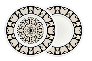 Matching decorative plates for interior designwith floral art deco pattern. Empty dish, porcelain plate mock up design. Vector illustration. White, grey color