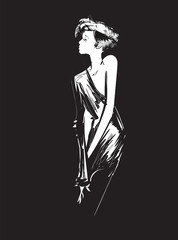 Beautiful young women  in an dress on a black background. Hand drawn fashion girl. Fashion model posing. Sketch. Vector illustration.