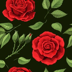Red roses embroidery seamless pattern. Beautiful buds of red roses on black