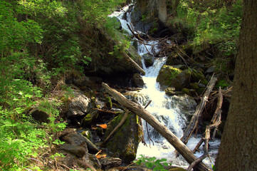A stormy mountain river flows down a swift waterfall bending around stones on its way.